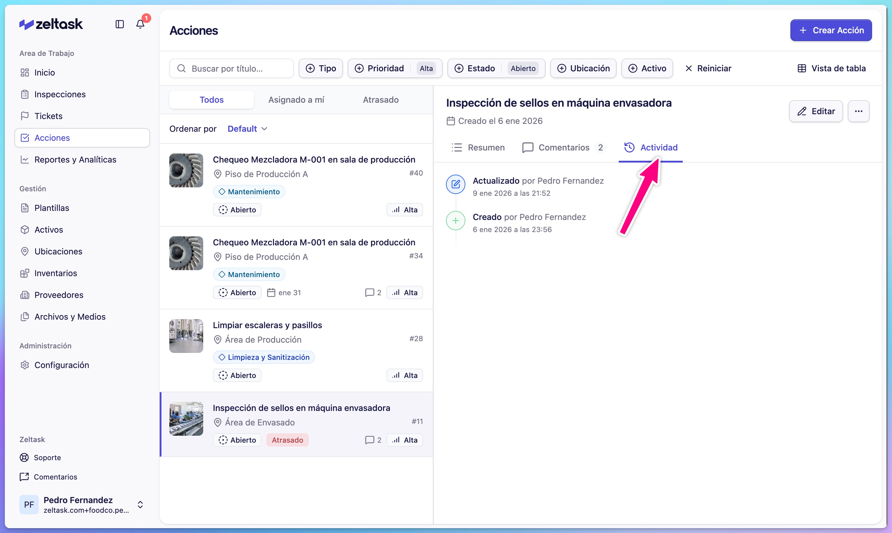 Activity tab showing timeline of status changes